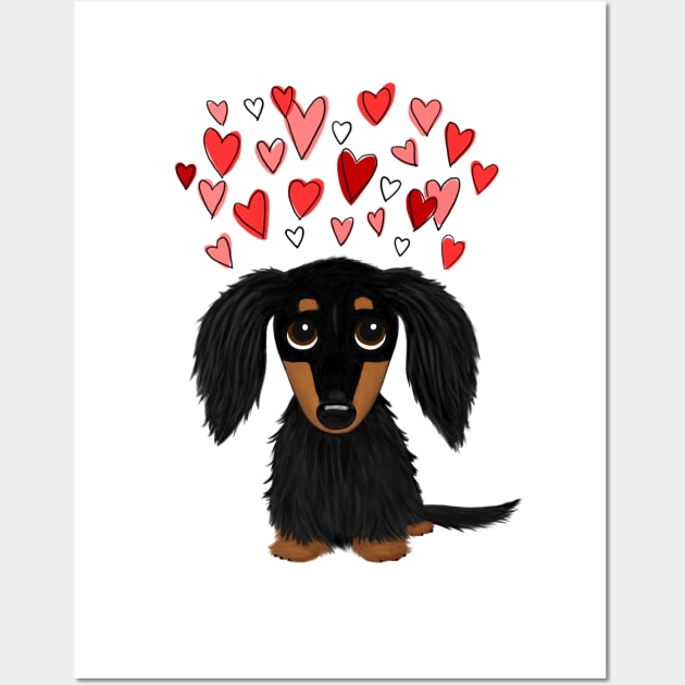 Cute Dog | Black and Tan Longhaired Dachshund with Hearts Wall Art by Coffee Squirrel